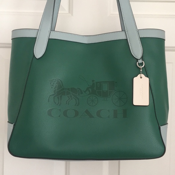 🌺HP🌺 Coach Tote Colorblock with Horse Carriage Pebble Leather Green Multi NWT - Picture 2 of 8